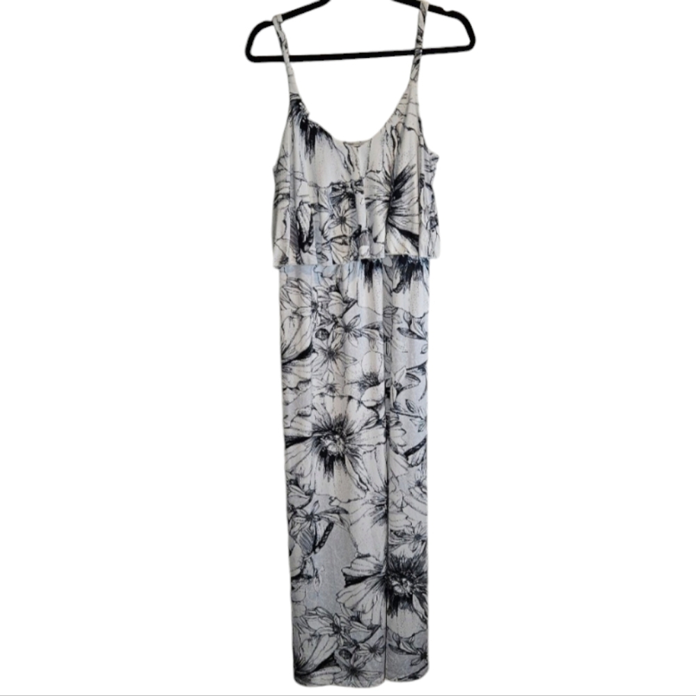Maxi Dress Black White Flower Print Sleeveless Silky Womens Size Medium